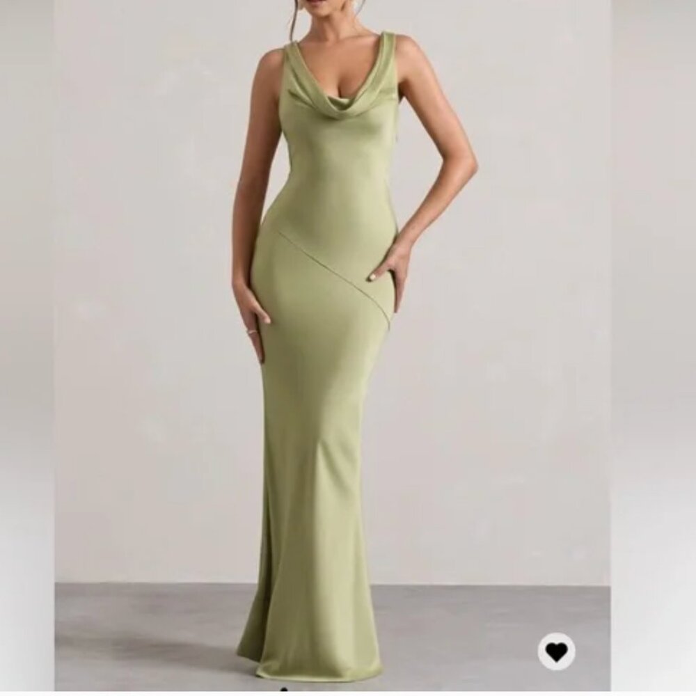 Club L London - Alesso Light Olive Satin Cowl-Neck Maxi Dress